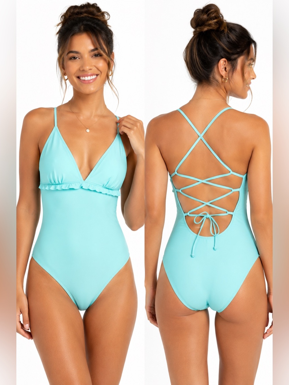 Old Navy Womens One Piece Swimsuit Size M Aqua Ruffle V Neck Lace Up Back Padded